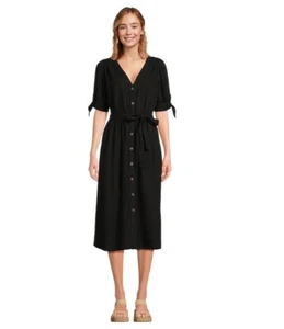 Time and Tru Women's Tie Sleeve Linen Blend Midi Dress Size L 12-14 Black - Picture 1 of 7