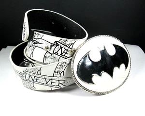 Vintage BATMAN Enamel BUCKLE Never Again Leather BELT White Silver Star 38 - 42" - Picture 1 of 9