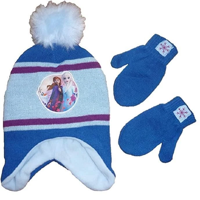 Toddler Girls Frozen II Fleeced Lined Hat Beanie & Mittens Set Blue 2T/5T NWT - Image 1 of 1