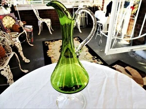 Vgt Olive Green Footed Art Glass Pitcher w Applied Clear Handle And Clear Base - Picture 1 of 3