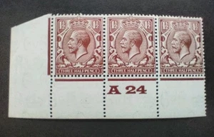 GB KGV 1924-26 1.5d Red-brown. SG420. Control number A24. Perf P. Mint strip 3. - Picture 1 of 2