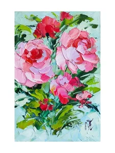 original oil painting Rose bouquet flowers artwork Floral mini wall art 6*4 in - Picture 1 of 14