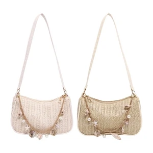 Contemporary Woven Handbag Pearls Chain Strap Breathable For Outdoor Event And - Picture 1 of 10