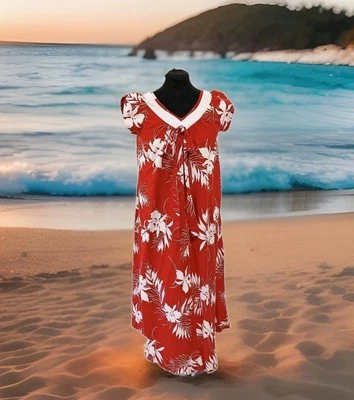 Vestido Hawaiano Mumu Caftán Años 70 Ambiente Náutico con Marinero Cuello en V Floral Rojo Blanco Usado en Excelente Condición Foto 1 de 4