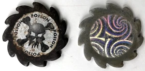 2 Vtg 1990 s Slammer Pog Skull Saw Cut Blade Edge Steel Retro Toy Holographic - Picture 1 of 6