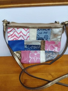 COACH Patchwork Gold Multi Color Small Canvas/Leather Crossbody Bag - Picture 1 of 11