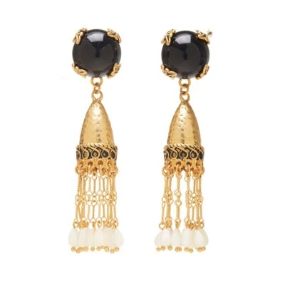 Black Cats Eye Obsidian Tassel Earrings,Gift for Her, Dangle Earrings - Image 1 of 4
