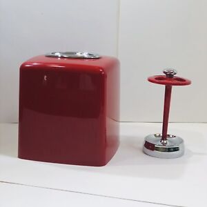2 Piece Bathroom Set square box tissue 4 brush pedestal holder Red Gloss Plastic