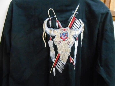  Vtg Western Black L/S Shirt XL Embroidered Colorful Native American Cow Skull - Image 1 of 4