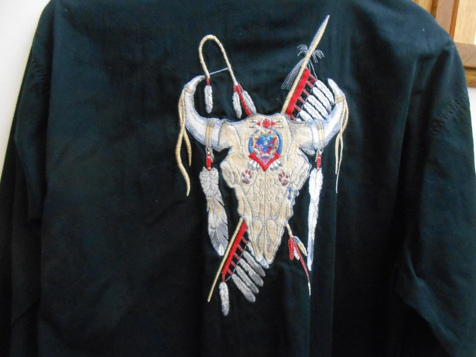  Vtg Western Black L/S Shirt XL Embroidered Colorful Native American Cow Skull - Image 1 of 4