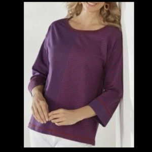 Soft Surroundings Red &  Purple Striped 3/4 Sleeve Top 100% Cotton Women's XS - Picture 1 of 6