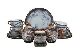 21 Pc Japanese Satsuma Moriage Dragonware Lithopane Geisha Coffee Tea Set - Picture 1 of 17