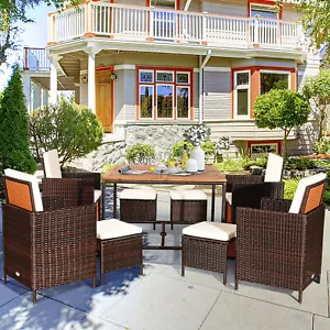 9PCS Rattan Wicker Patio Dining Set Outdoor Furniture Set w/ White Cushion - Picture 1 of 10