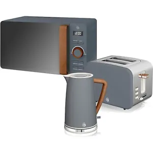 Swan Nordic Jug Kettle 2-Slice Toaster & Digital Microwave Set Wood Effect Grey - Picture 1 of 20