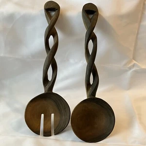 Holz Salat Gabel Löffel Servierset verdrehte Griffe handgeschnitzt 11 Zoll lang *LESEN* - Bild 1 von 5