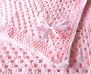PINK & WHITE CROCHET BABY PRAM BLANKET / CRIB NEW ACY 23 X 23 - Picture 1 of 4