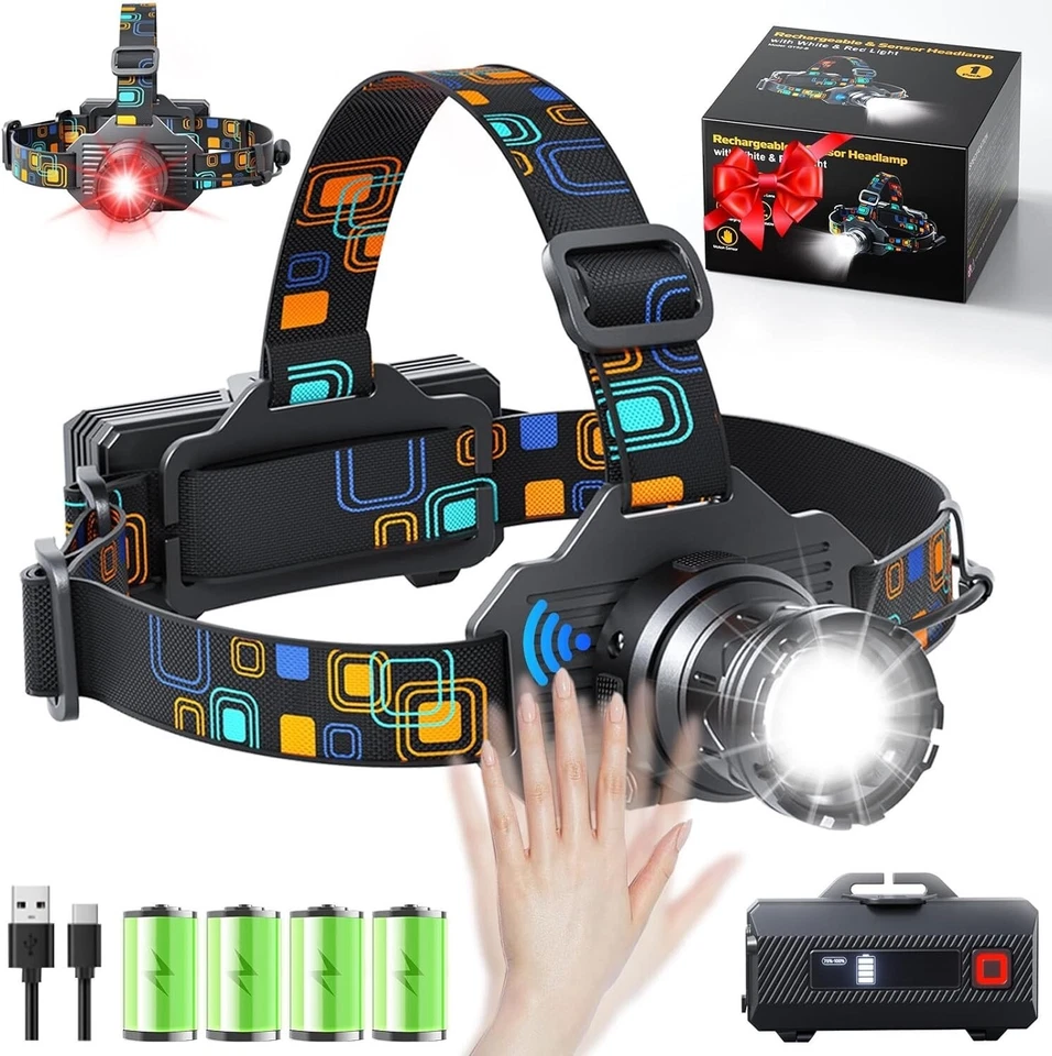 Headlamp Rechargeable, Bright LED Head Lamp with White Red Light, LED Headlam... - Image 1 of 4