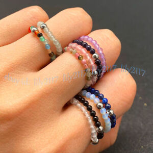 4mm Natural Multi-Color Gemstone Round Beads Circle Adjustable Stretchy Rings
