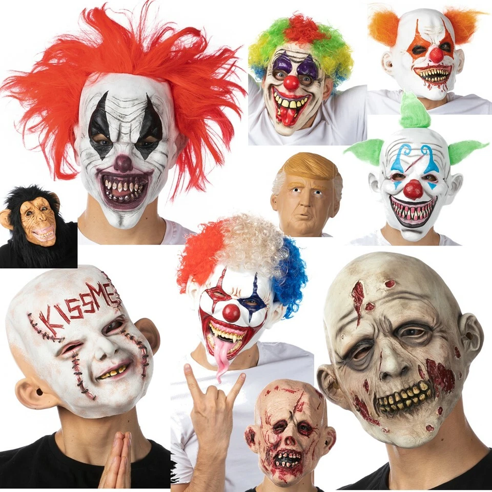 LATEX HALLOWEEN MASKE KOSTÜM ZOMBIE GRUSEL CLOWN KISS ME SCHIMPANSE KONVOLUT - Bild 1 von 1