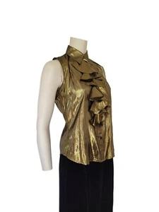 Ralph Lauren Liquid Gold ärmelloses Hemd Metallic Rüschen vorne Seide Button Down - Bild 1 von 22
