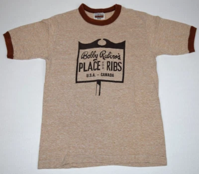 Vintage T-Shirt Size XS/S 80s Bobby Rubinos Place for Ribs Light Brown Ringer - Image 1 of 4