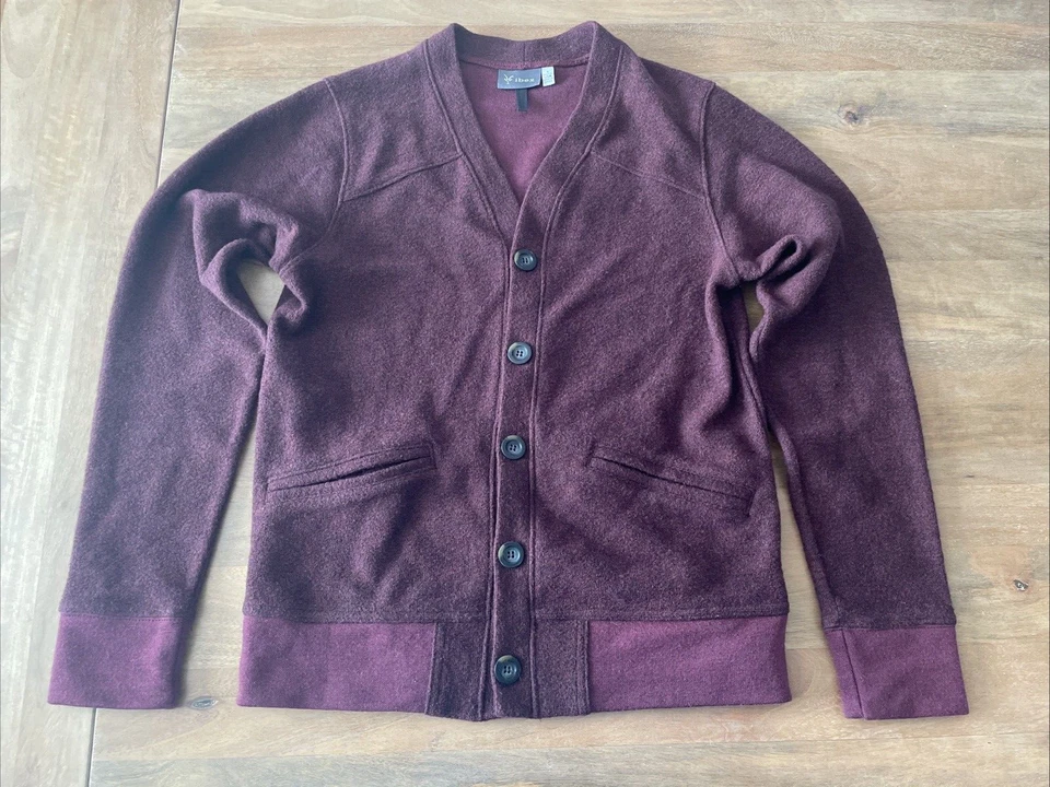 Cárdigan Suéter Ibex Vino Mezcla Lana Merino Botón Frontal Talla Pequeña Parche en el Codo Foto 1 de 4