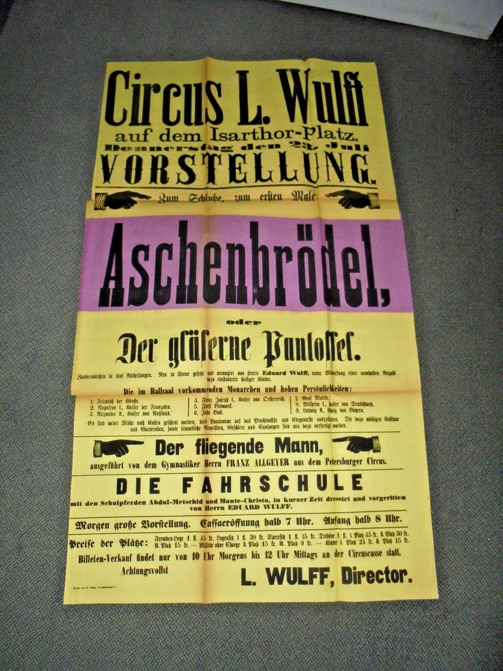 1874 MÜNCHEN plakat 105x61 CIRCUS LORENZ WULFF cinderella cirque poster affiche - Bild 1 von 2