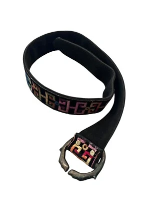 Size 33” Embroidered Multi Colored Tapestry Brown Leather Belt Boho Velvet - Image 1 of 4