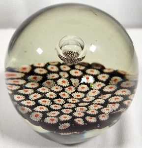 Vintage Murano Millefiori Black/White/Red Daisys Bubble Art Glass Paperweight 3" - Picture 1 of 8