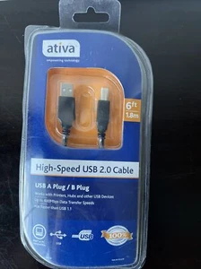 Ativa Hi Speed USB 2.0 Cable 6' NEW SEALED USB-A to USB-B Printer/device Cord - Picture 1 of 6