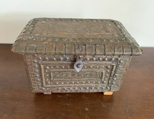 Antique Omani Type Brass Repousse Covered Wooden Chest Or Money Box, Very Old - Picture 1 of 24