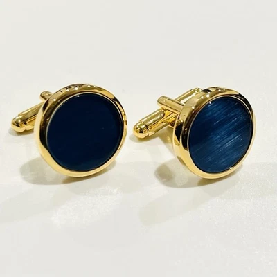 金边圆形蓝色宝石日常佩戴袖扣男式生日礼物带盒 — 第 1/4 张图片
