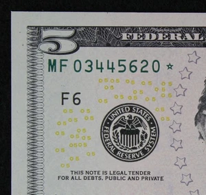 $5 2013 GEM CU Star Federal Reserve Note MF03445620* five dollar, 320K print run - Picture 1 of 3