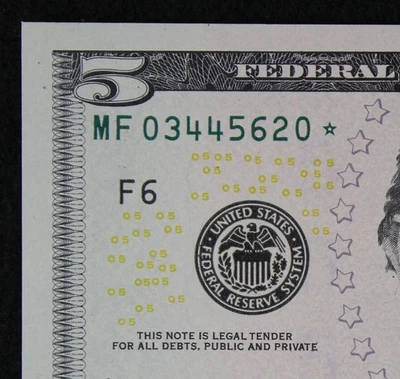 $5 2013 GEM CU Star Federal Reserve Note MF03445620* five dollar, 320K print run - Image 1 of 3