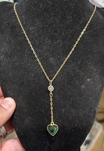 Joan Rivers Gold Tone Green Y-Drop Chain With Heart Pendant - Picture 1 of 6