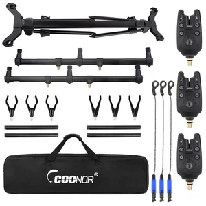 COONOR Adjustable Retractable Carp Fishing Rod Stand with 3 Fishing Bait Alarms - Picture 1 of 6