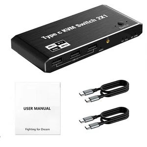 8K 2x1 USB Type-C KVM Switch 100W PD Charge for 2 Computers Share 1 Monitor - Afbeelding 1 van 13
