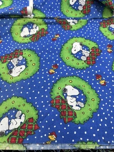 Fabric-SNOOPY CHRISTMAS WREATH ON BLUE - RELEASED 2001 -1 1/8 Yd 45” Wide - Picture 1 of 6
