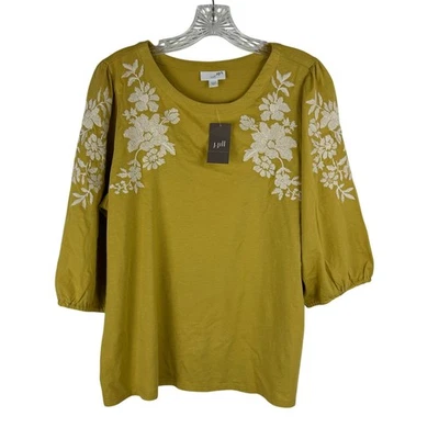 NWT J. Jill Embroidered 3/4 Sleeve Shirt Size Medium Yellow Floral Top Modal - Image 1 of 4