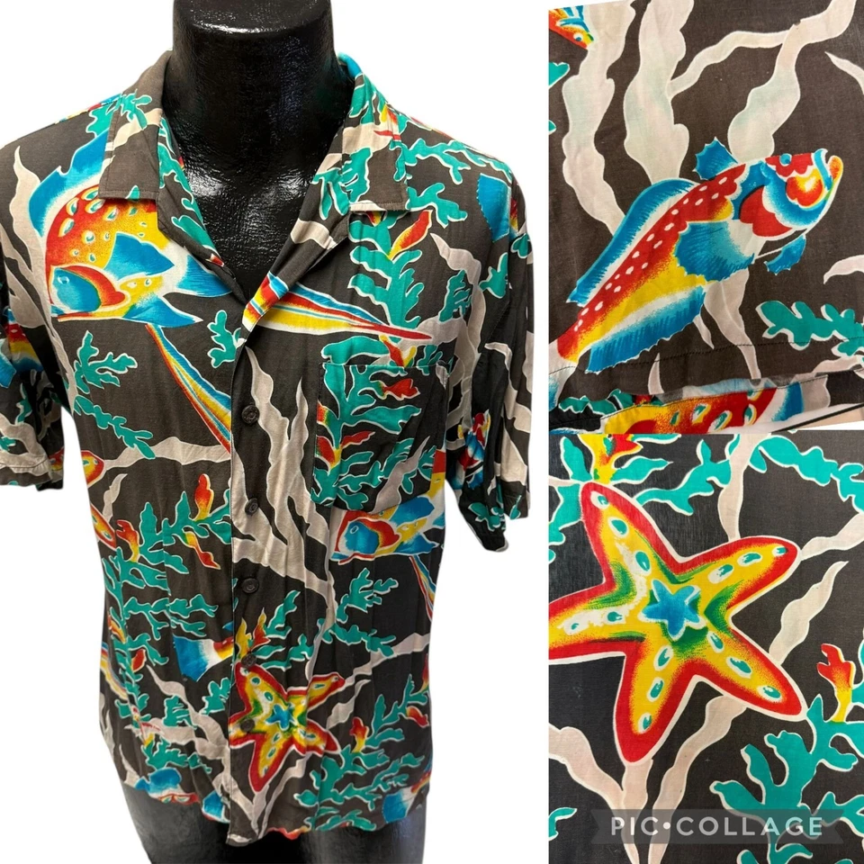 Vtg 80’s Kennington Neon RAINBOW Tropical FISH Ocean Life Rayon Hawaiian Shirt L - Image 1 of 4
