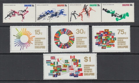 Singapore Sc 125a, 129-132 MNH. 1970 Sports strip of 4, 1971 Nations Flags, VF Cover