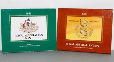 Dois conjuntos de moedas Royal Australian Mint 1985 + 1986 sete em perfeito estado 14 moedas não circuladas - Imagem 1 de 4