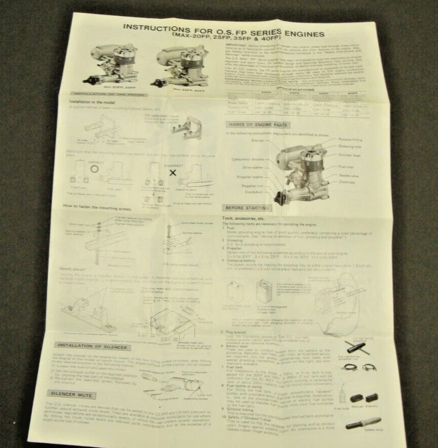 Vintage Instruction Sheet O.S. FP Series Model Plane Engines AS PICTURED - Image 1 of 4