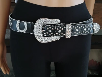 Horseshoe Leather Belt Cowgirl Rhinestones Country Western Removable Buckle 42" - Image 1 of 4