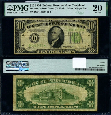 FR. 2005 D* $10 1934 Federal Reserve Note Cleveland D-* Block VF20 - Image 1 of 3