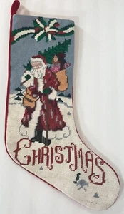 Handmade Hand Stitched Needlepoint Christmas Stocking Santa Claus Velvet Backing - Picture 1 of 3