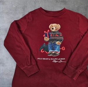Polo Ralph Lauren Maroon Polo Bear Long Sleeve Tee Shirt Size 7 Boys L35 - Picture 1 of 8
