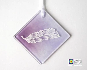Angel feather light catcher, handmade fused glass suncatcher, violet purple - Picture 1 of 3