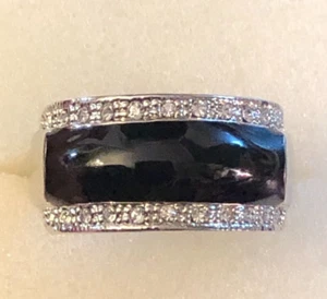 Silver Wide Band Ring Black Enamel Crystal Rows Camille Lucie France Sz 9 6405 - Picture 1 of 7