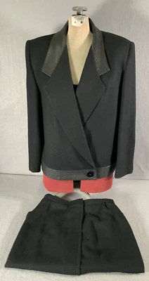 ADOLFO MUJER GRANDE NEGRO MEZCLA LANA FALDA TRAJE CONJUNTO BOTÓN Foto 1 de 4